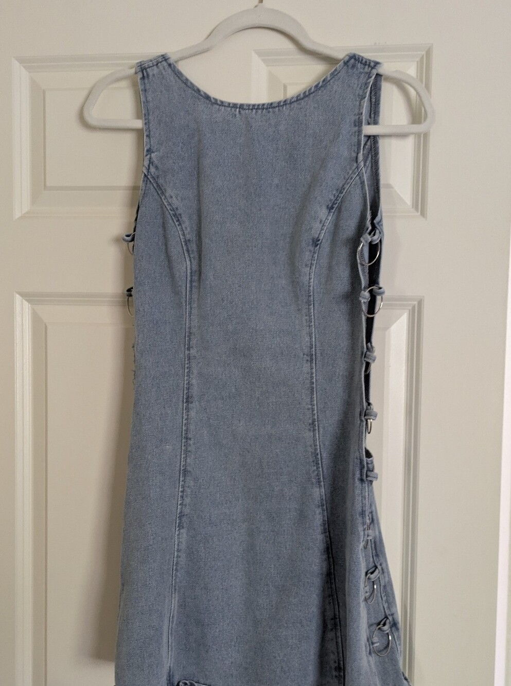 Sleeveless Blue Denim Mini Dress with Side Ring Detail - Picture 3 of 6